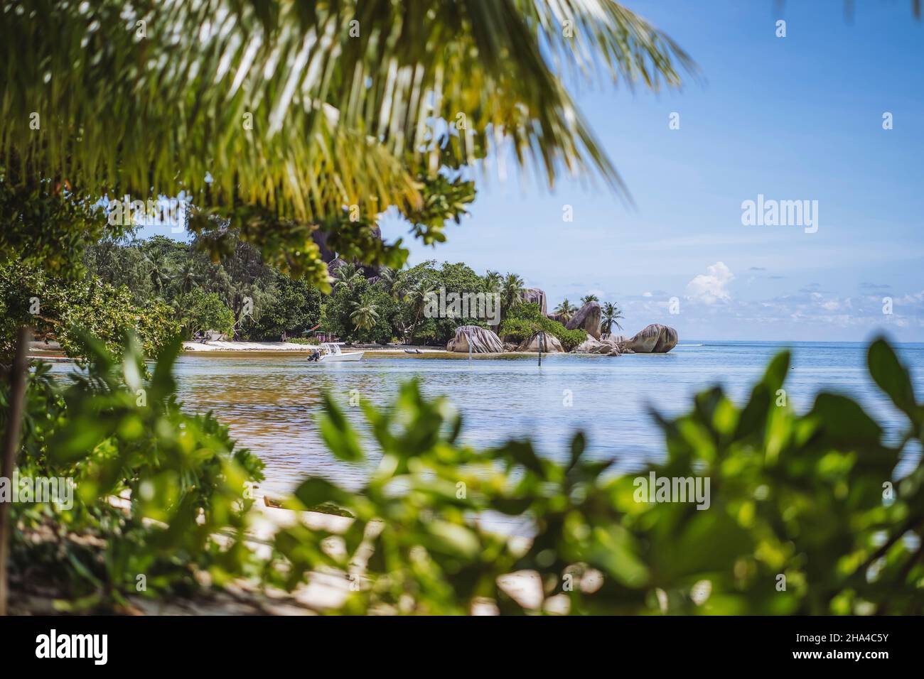 la digue rocky beaches on seychelles islands. summer season vacation in exotic location. Stock Photo