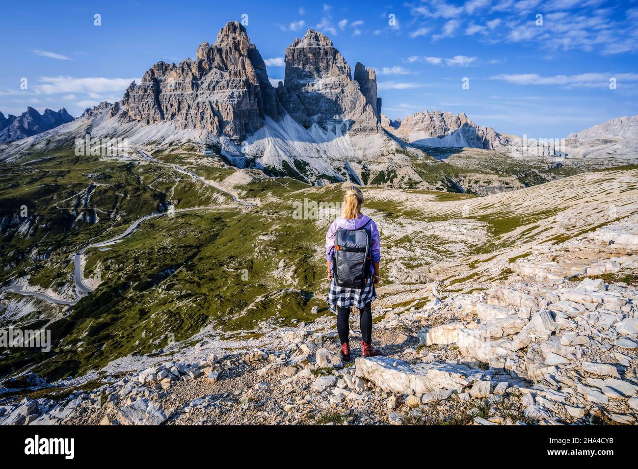 woman hiker exploring tre cime di lavaredo national park. trentino-alto-adige,dolomiti,italy. Stock Photo