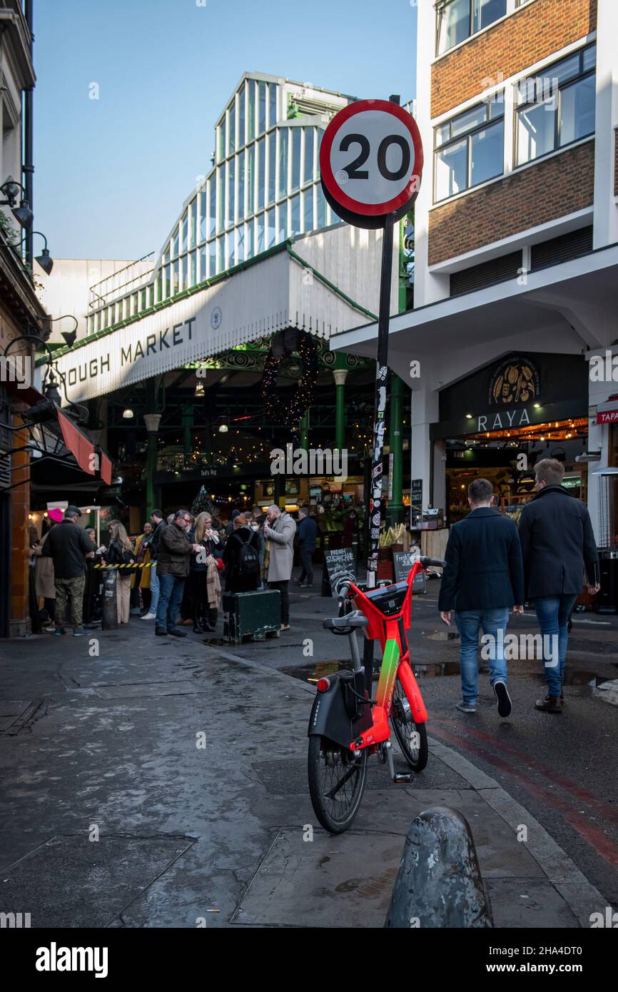 A rental Lime electric bike at Borough Market in December 2021 Stock Photo