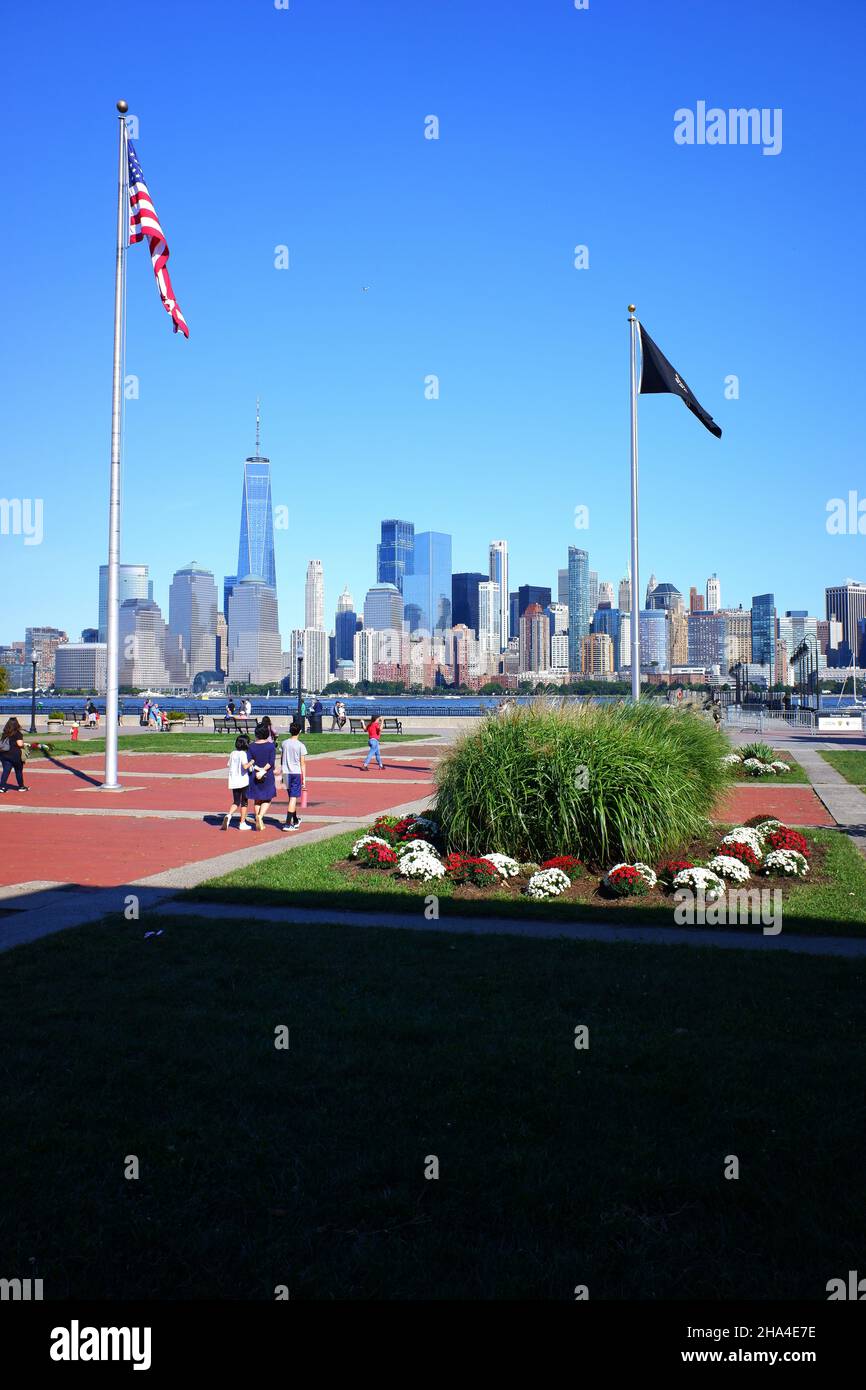 The view of the skyline of Lower Manhattan skyline with One World Trade Center from Liberty State Park in New Jersey.USA Stock Photo