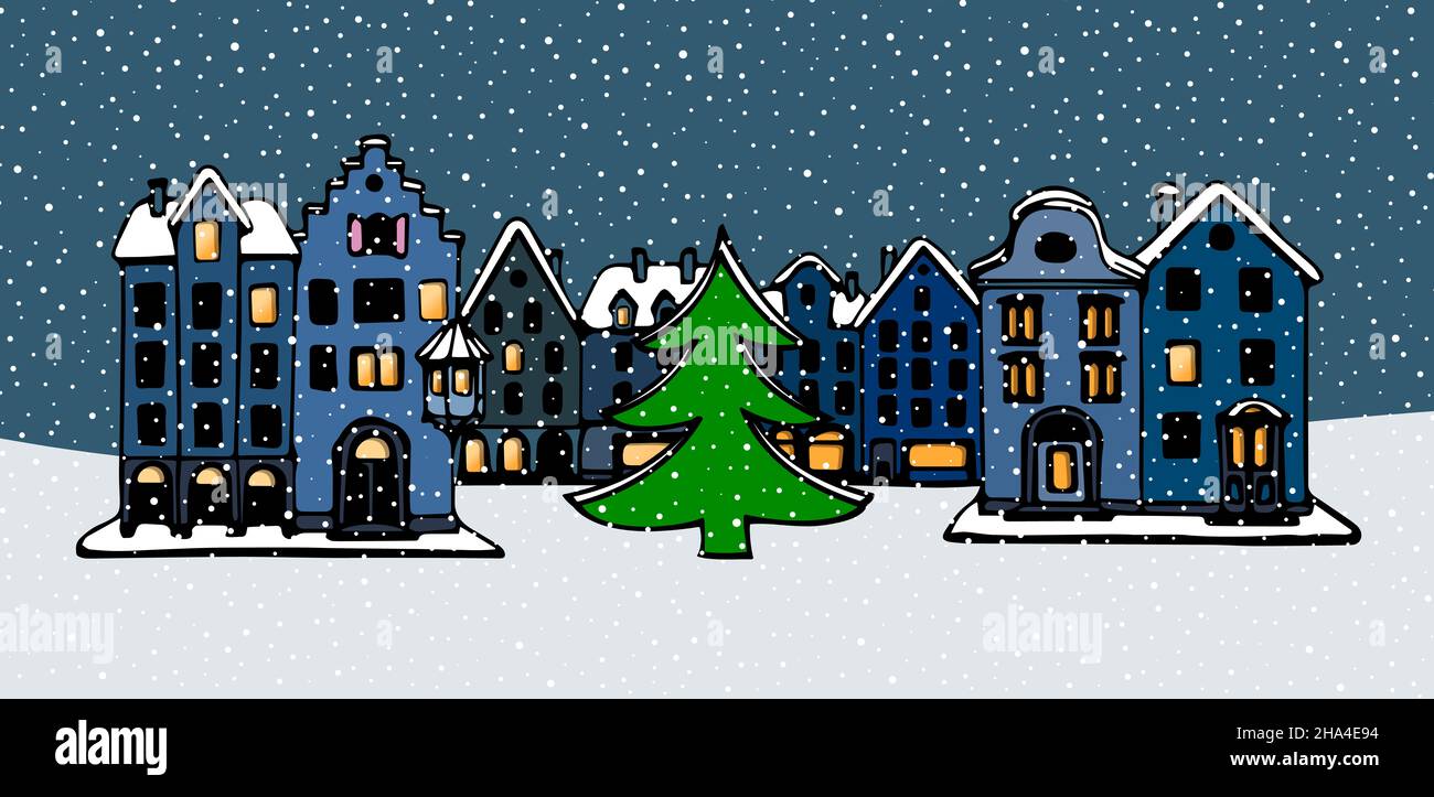 illustration of a romantic old town at christmas Stock Photo