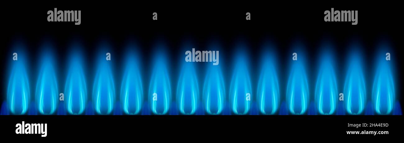 blue gas flames as a banner in front of a dark background Stock Photo
