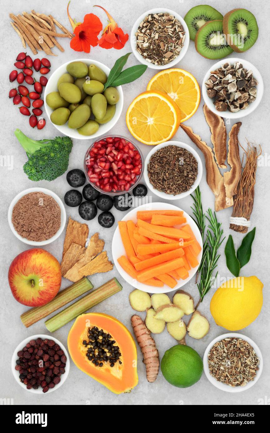 Vegan health food for immune system defense with vegetables, fruit