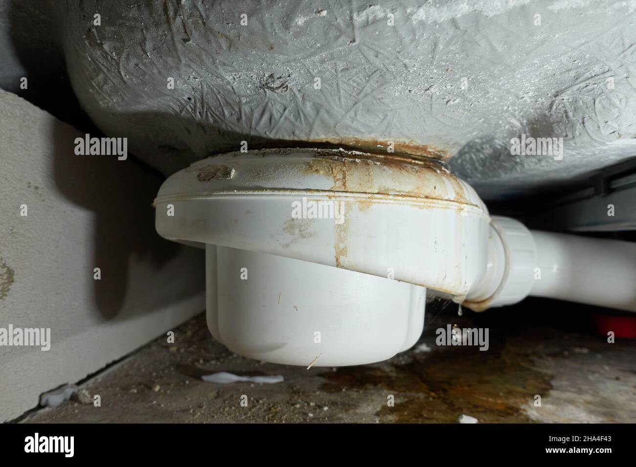 Leaking siphon of a shower tray in the bathroom, causes water damage