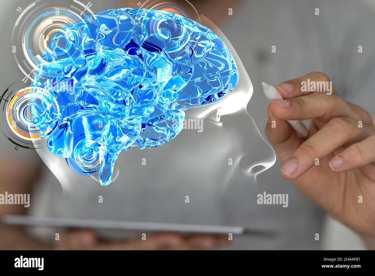 3D rendering of a man pointing at a blue human brain icon - Artificial ...