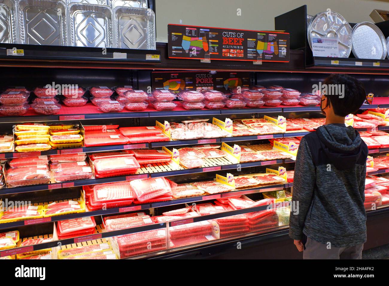 Meat department in Lotte Plaza Market.Edison.New Jersey.USA Stock Photo