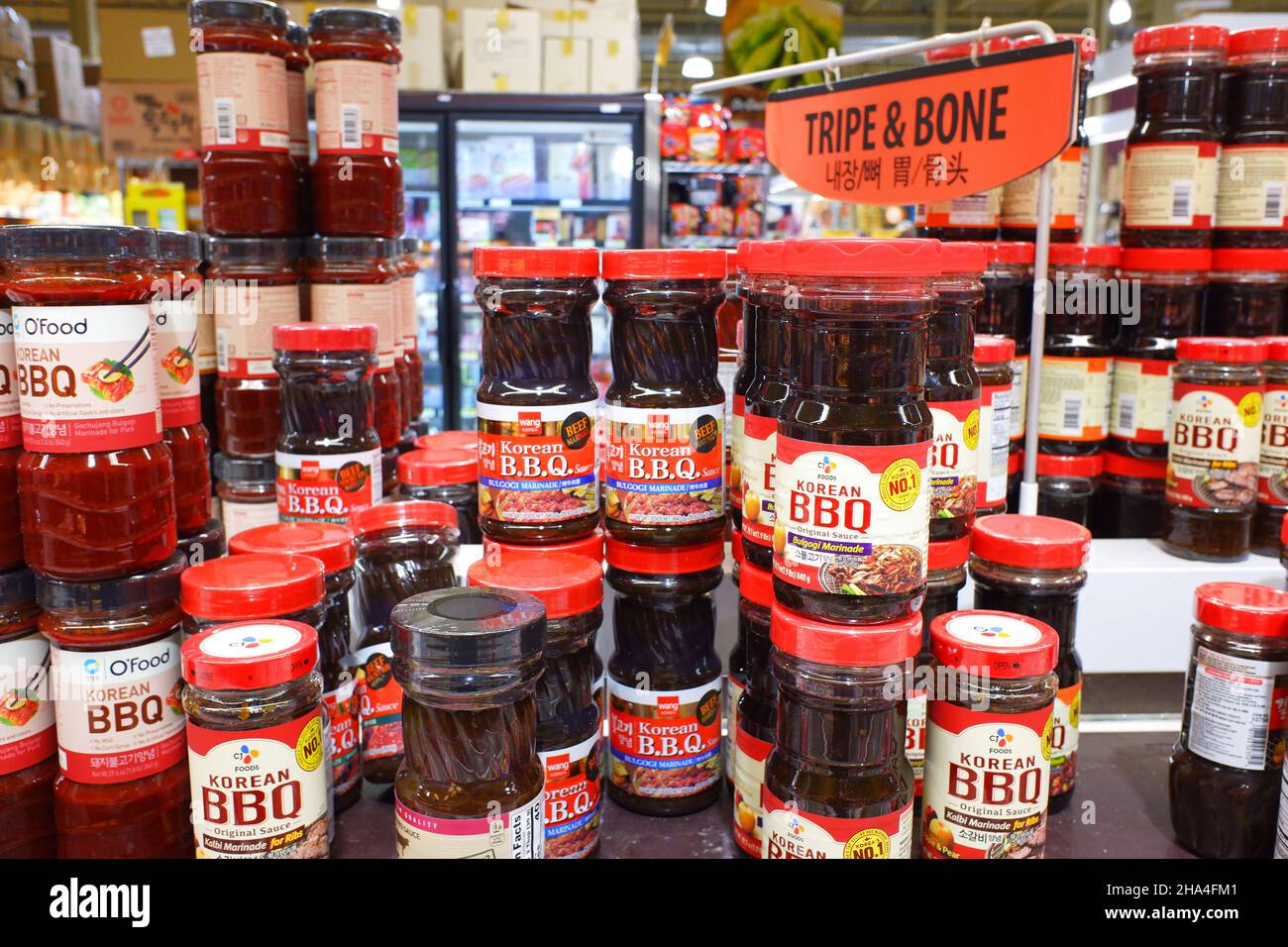 Bottled Korean BBQ sauces for sale in Lotte Plaza Market an Asian