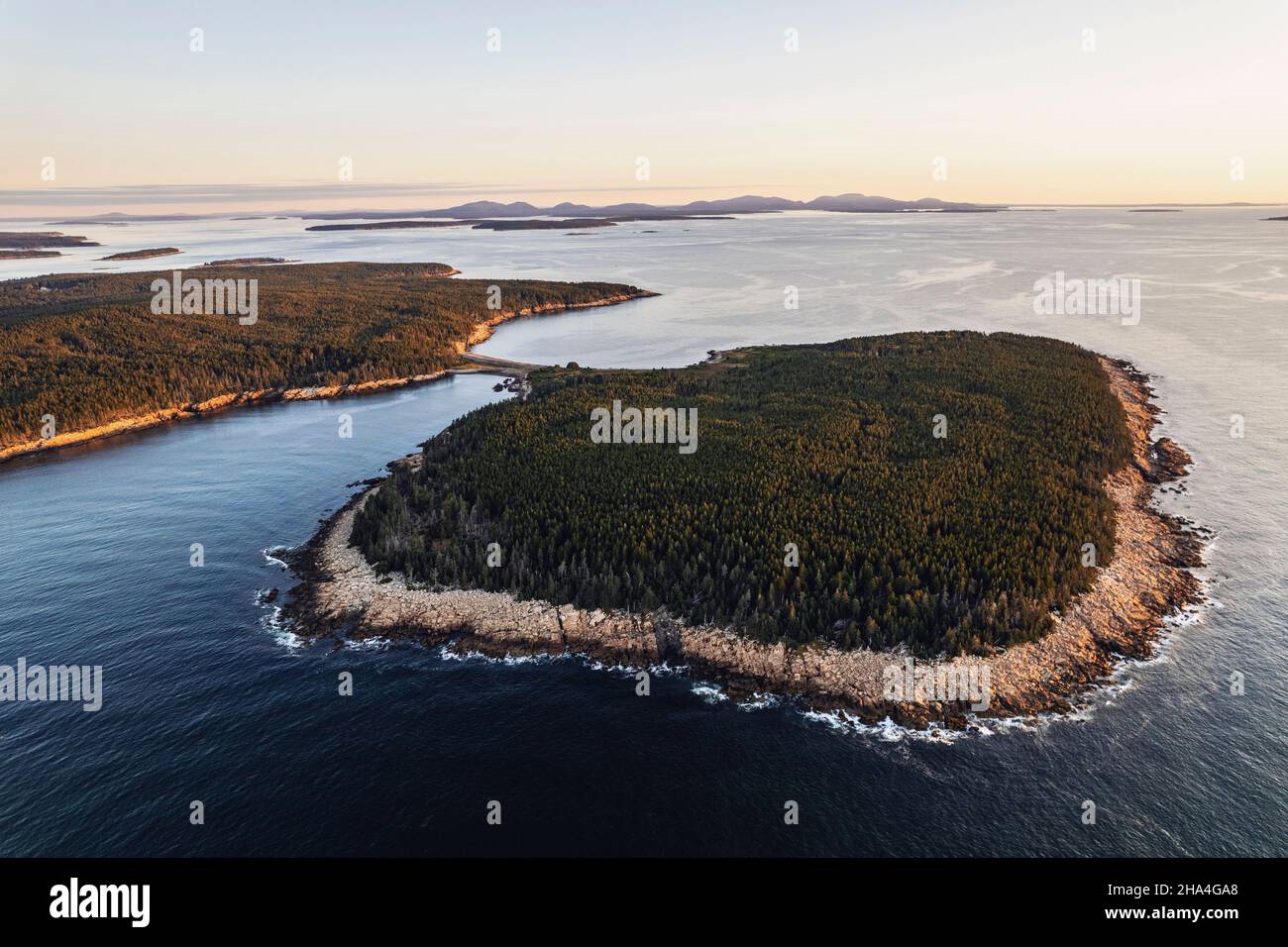 Aerial view of Frenchboro Island along Maine Coast. Acadia in distance