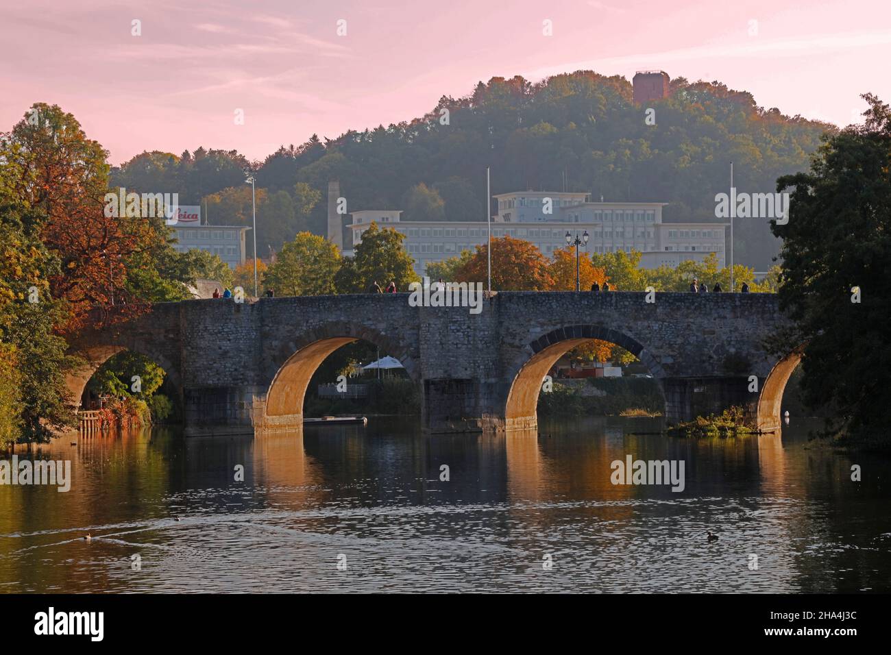 old lahn bridge,river lahn,autumn,leica factory,kalsmunt castle ruins,wetzlar,hesse,germany Stock Photo
