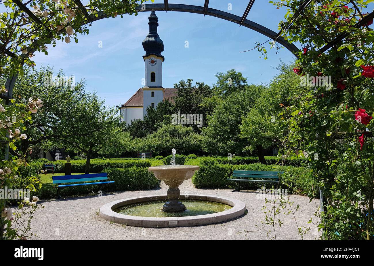 castle garden,former cloister garden,wonderful view over the lake,baroque style again since 1979,sculptures in the park,fountain,st. josef church Stock Photo