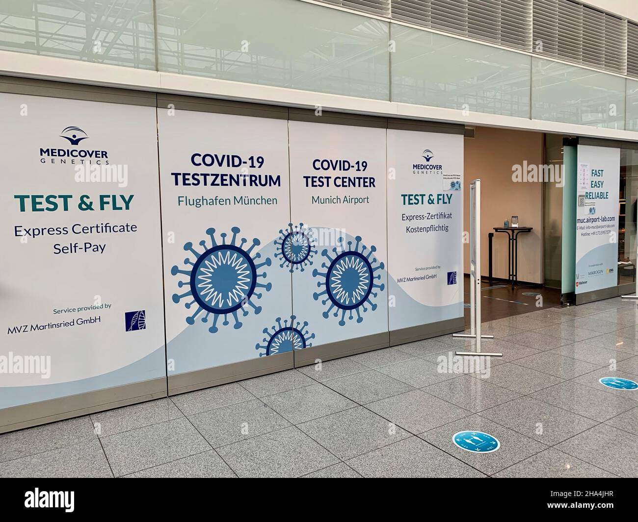 test center in the check-in area in terminal 2 at munich fjs airport during the 2021 corona pandemic Stock Photo