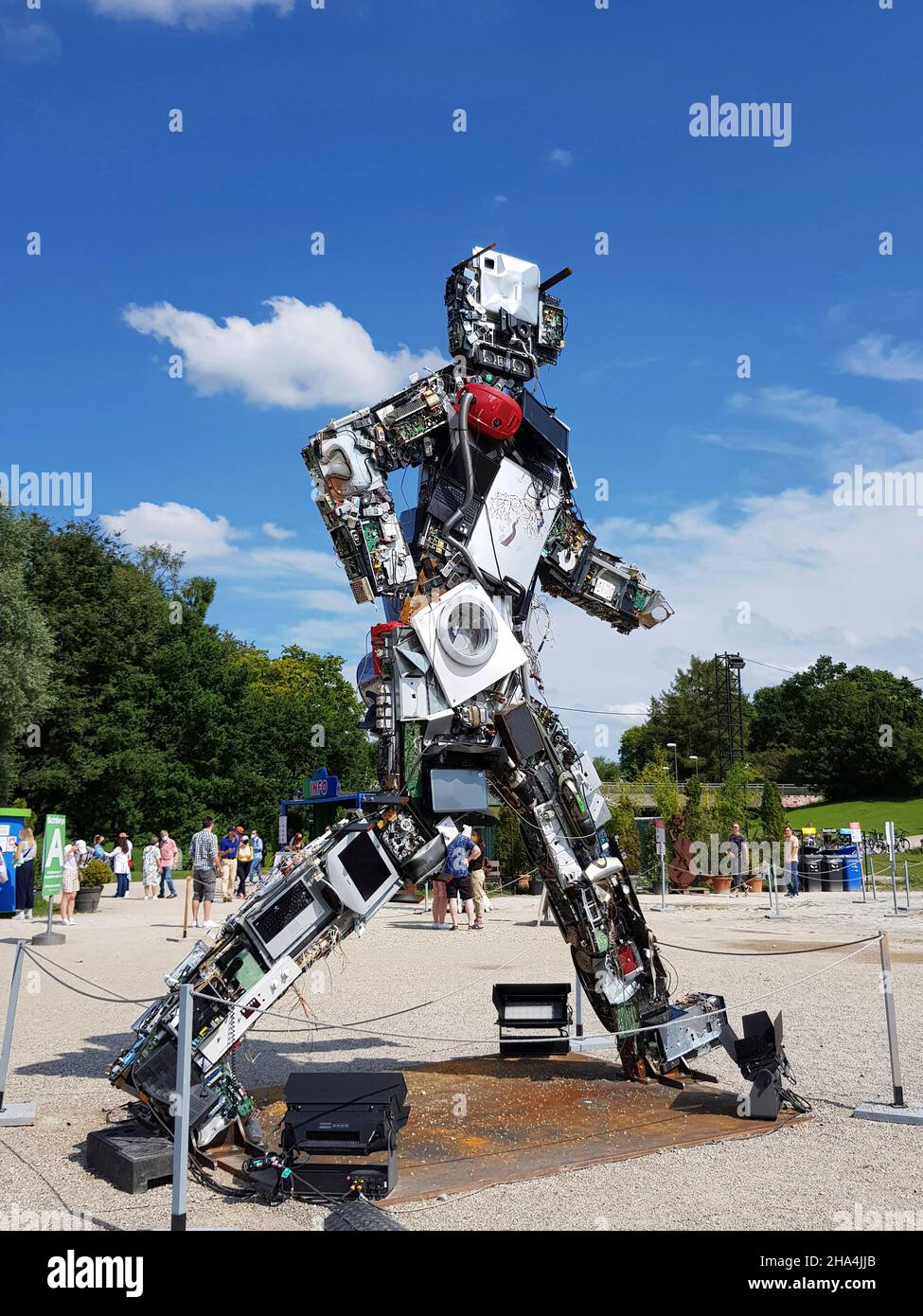 sculpture 'value giant'. attraction at this year's summer tollwood festival in olympia park,6 m high steel structure. artist: ha schult,activist and admonisher against environmental degradation and excessive consumption. the gigantic scrap giant consists of 1 ton of electronic waste. Stock Photo
