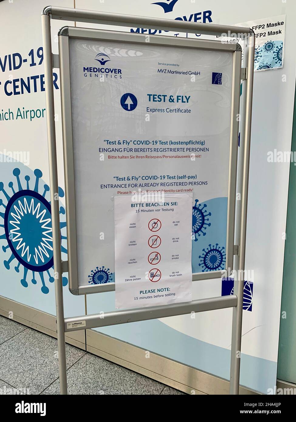 information sign in front of the test center in the check-in area in terminal 2 at munich fjs airport during the 2021 corona pandemic Stock Photo
