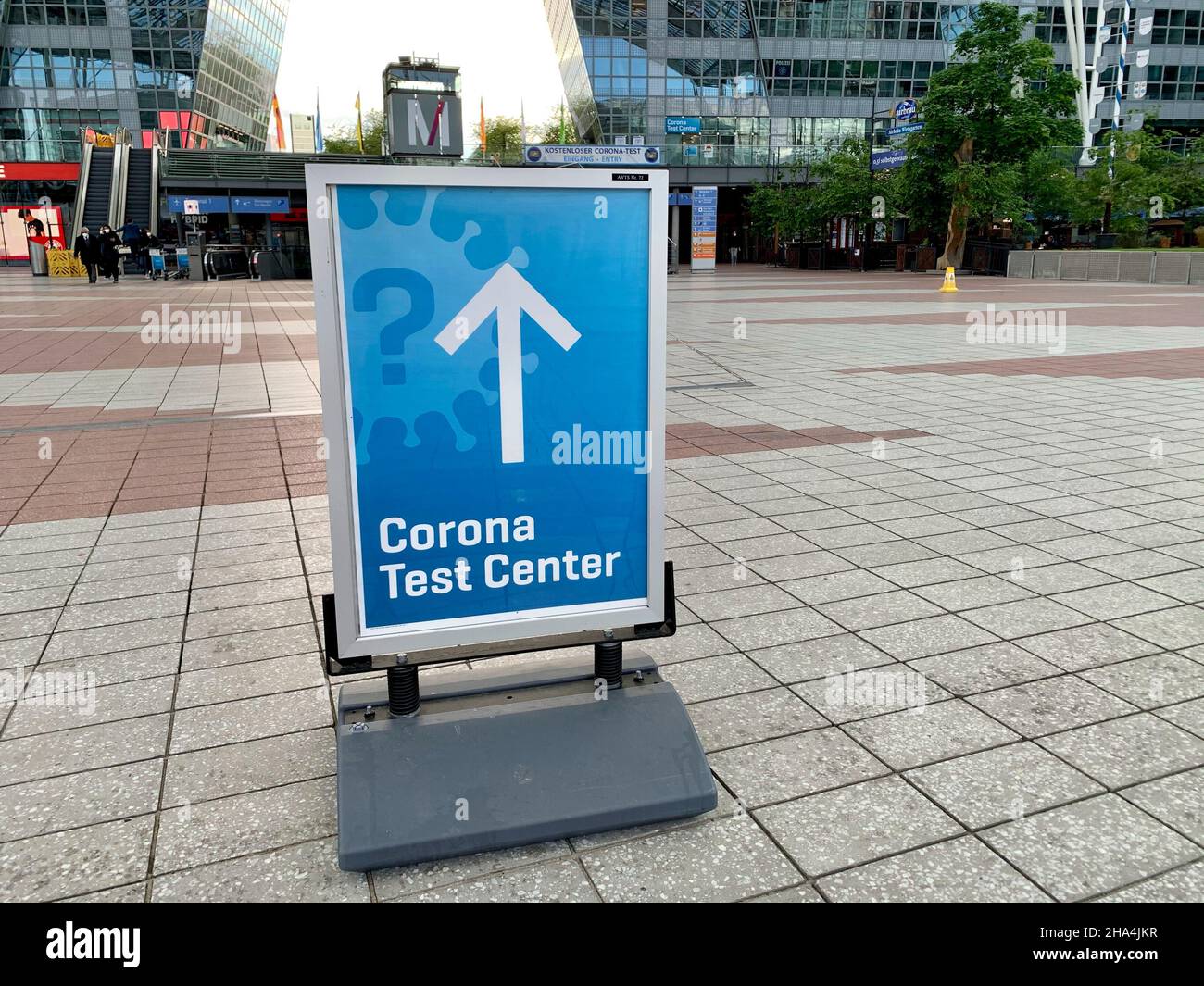 sign for the corona test center in the airport center in munich fjs airport during the corona pandemic 2021 Stock Photo