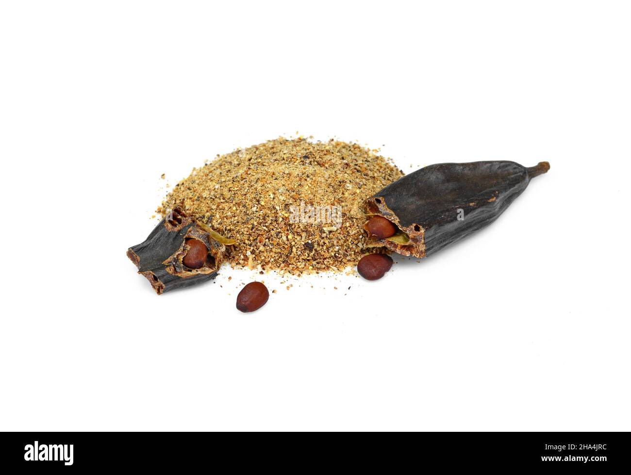 Carob. Ripe carob pods, seed and powder isolated on white background