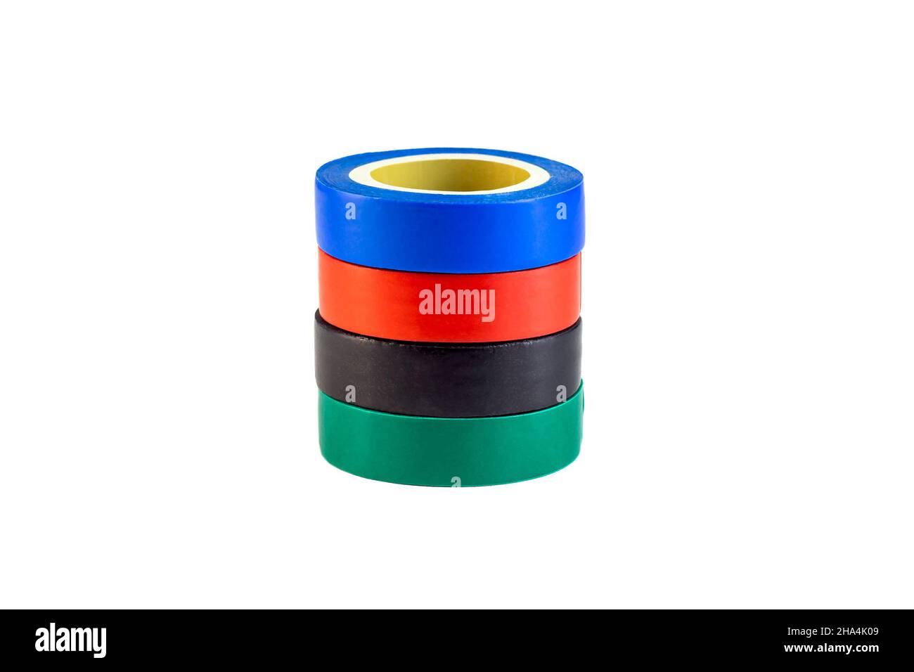 Red, green and blue adhesive insulating electrical tape reels stack