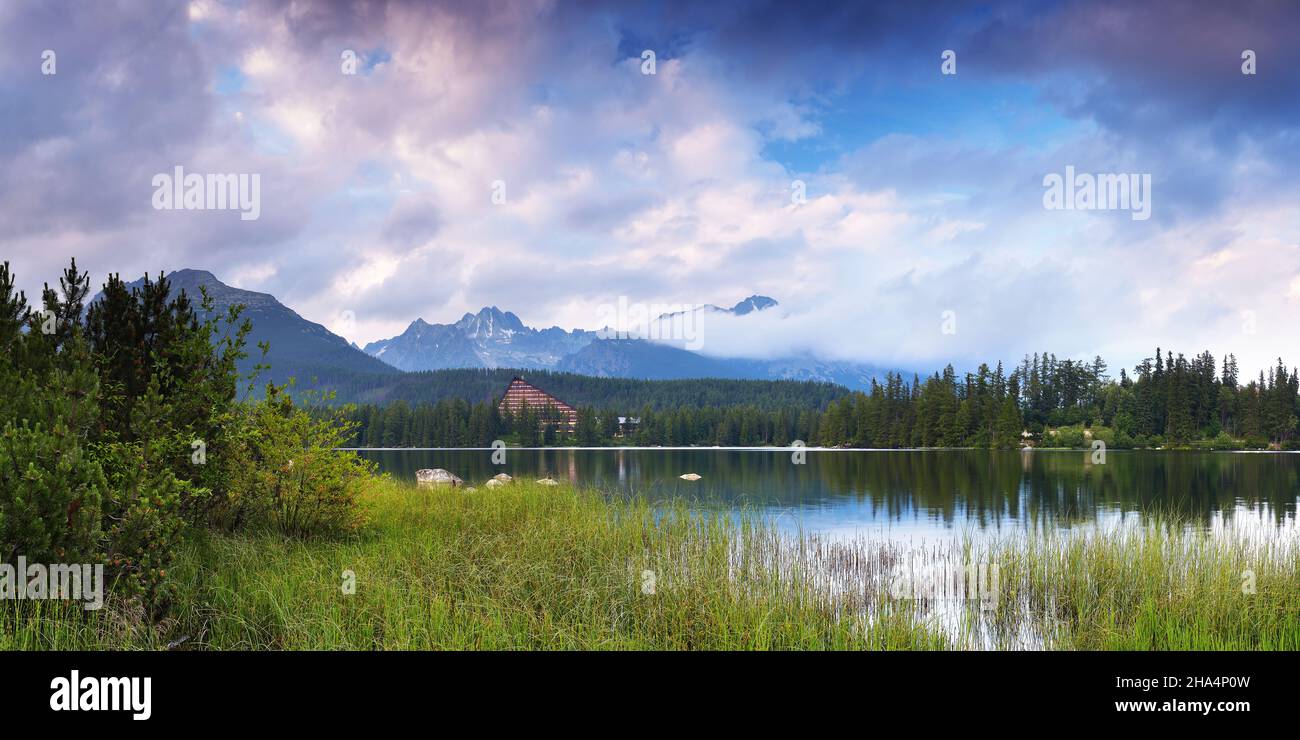 Beautiful panorama of a mountain lake and cloudy sky Stock Photo - Alamy