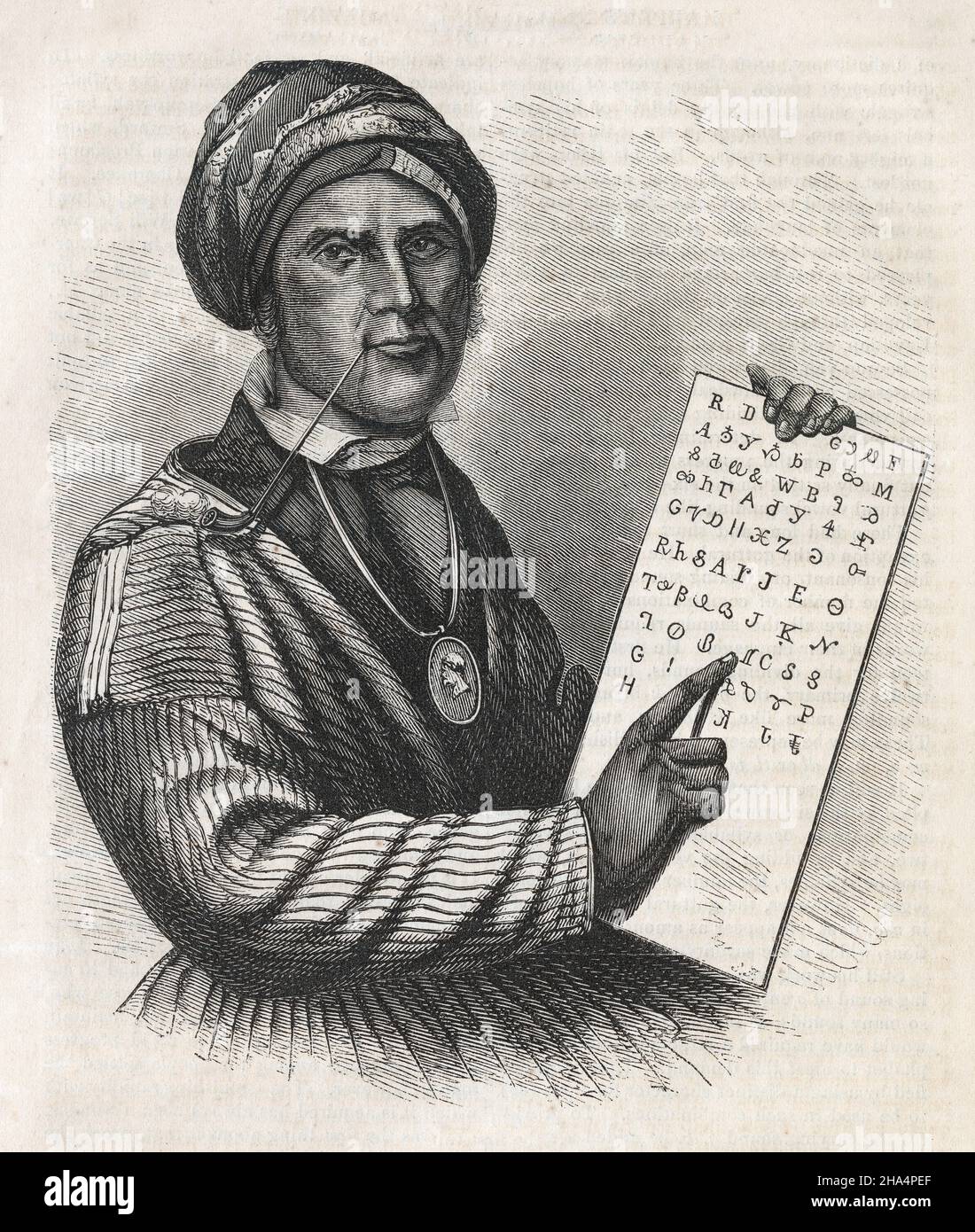 Antique 1870 engraving of Sequoyah. Sequoyah (c1770-1843) was a Native American polymath of the Cherokee Nation. SOURCE: ORIGINAL ENGRAVING Stock Photo