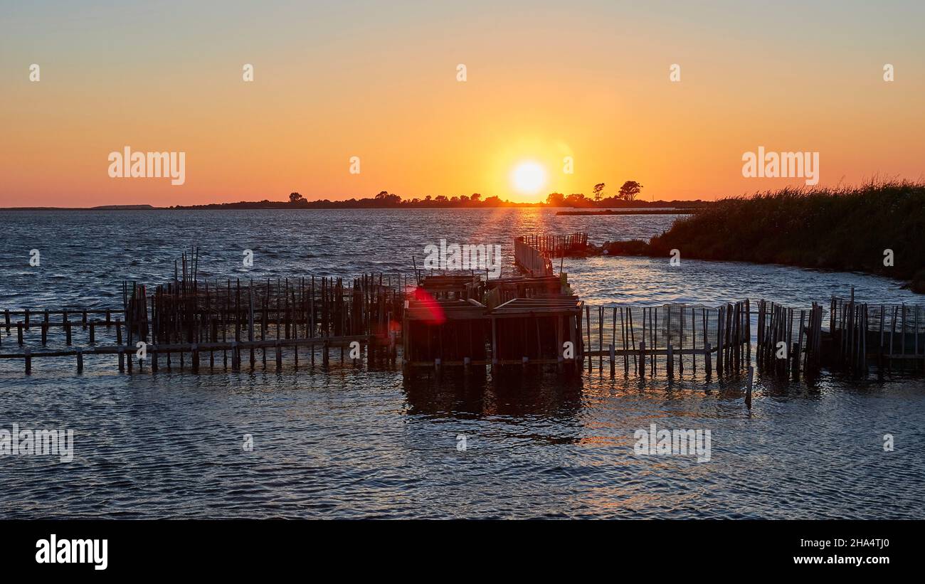 greece,greek islands,ionian islands,lefkada or lefkas,lefkada city,capital,dusk,evening mood,sunset,fish traps in the foreground,row of trees with the setting sun in the background,orange sky Stock Photo