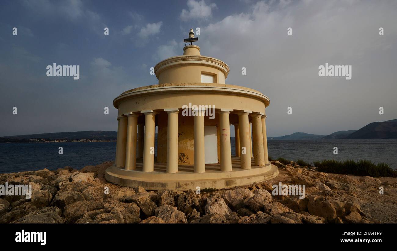 greece,greek islands,ionian islands,kefalonia,argostoli,capital of kefalonia,lighthouse,lantern of saint theodosius,round,wide-angle view,blue sky,cloudy Stock Photo