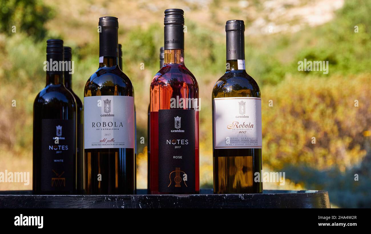 greece,greek islands,ionian islands,kefalonia,winery,gentilini,wine tasting,wine bottles lined up,red,white and rose –© Stock Photo