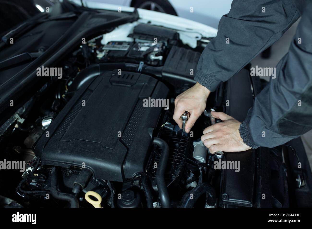 A male automech is inspecting the car's engine. Car service and car ...