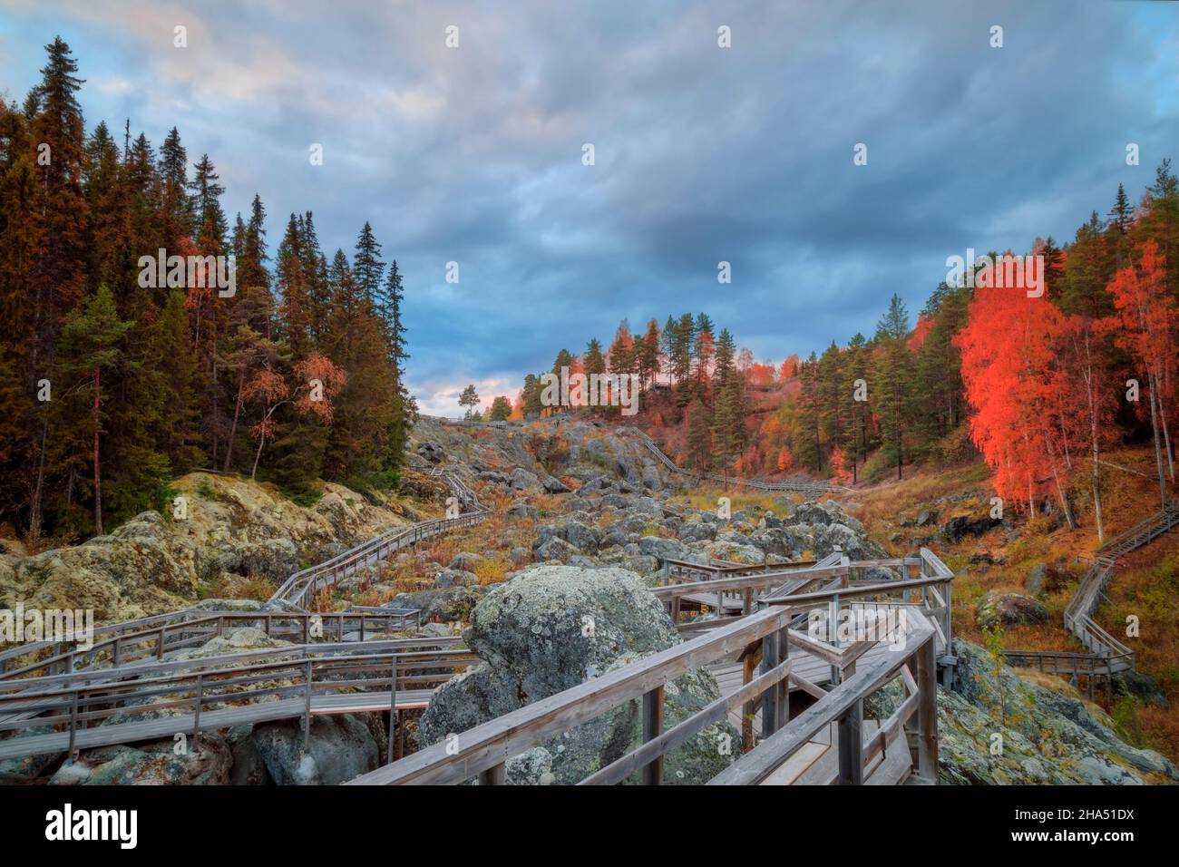 autumn,mountain,lake,forest landscape with stairs,bridges and rocks Stock Photo