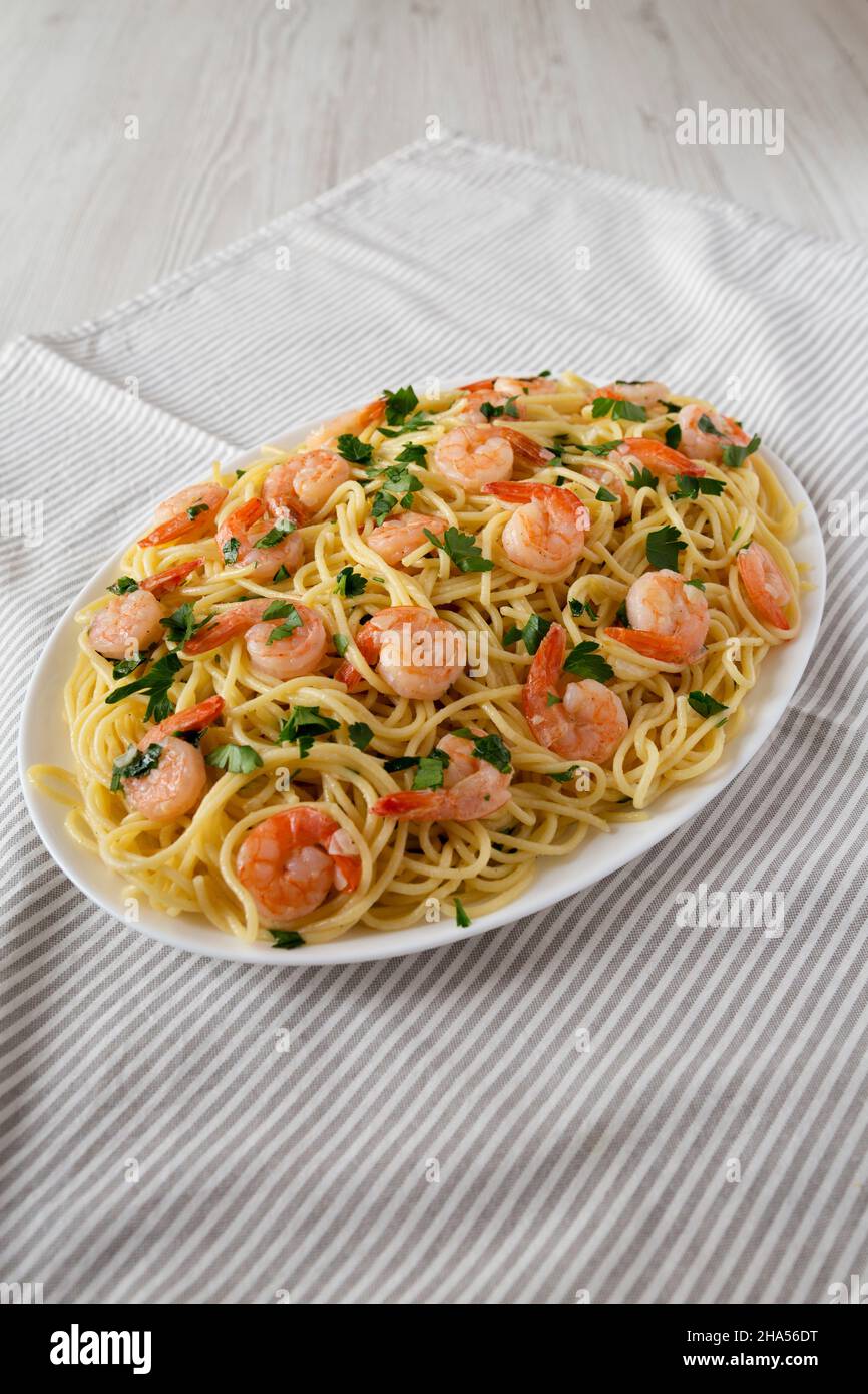Homemade Shrimp Scampi with Pasta, side view. Stock Photo