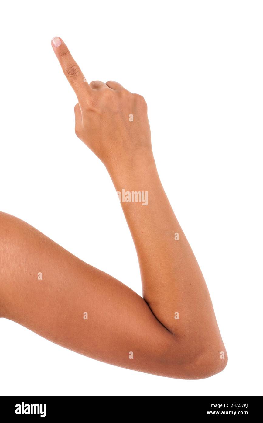 show, finger, hand, report, to, good, school, pointing, sign language, body, a, meaning, white, single, sign, european, point out arm, isolated, optio Stock Photo