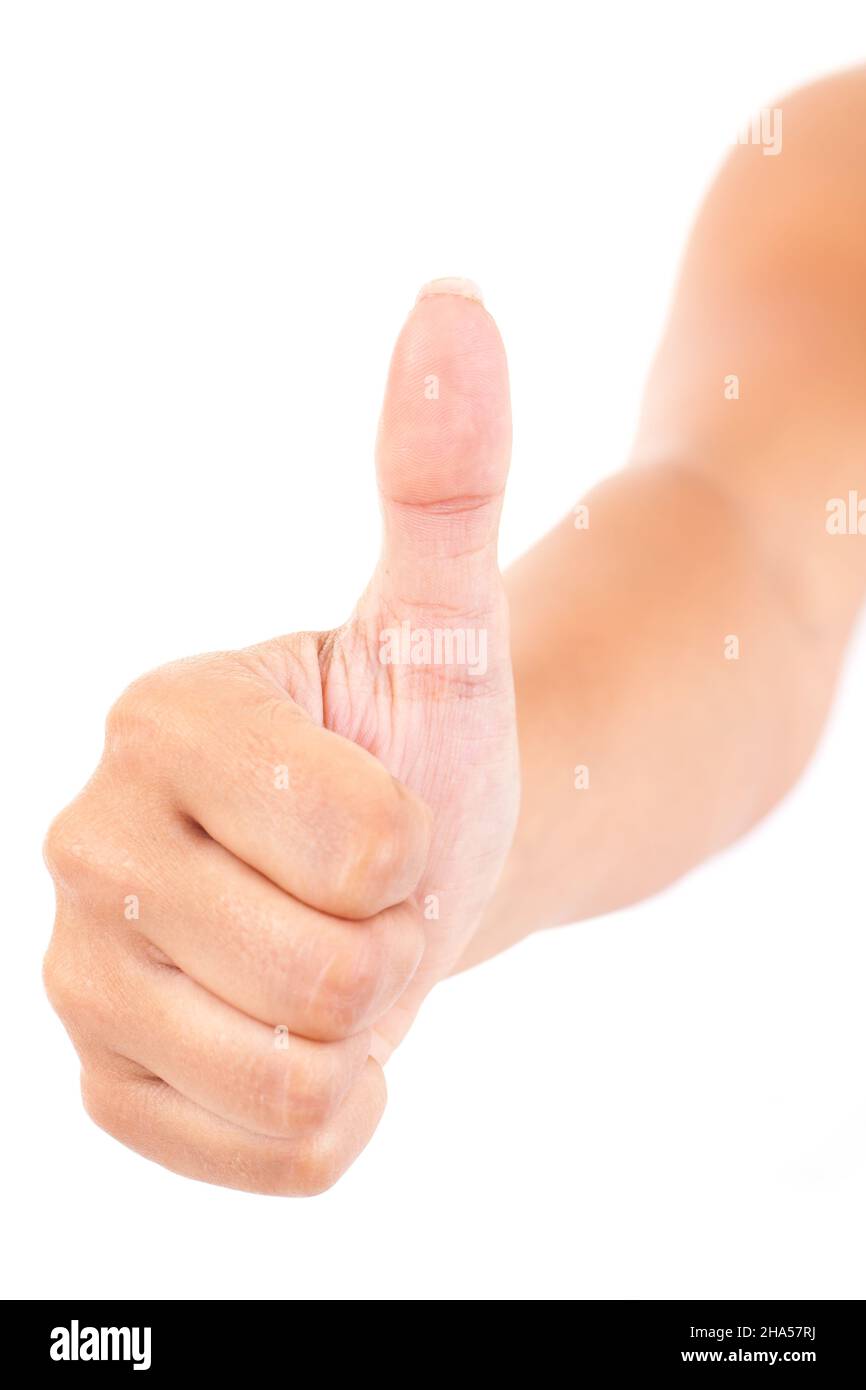 finger, hand, thumb, positive, one, number, 1, count, point, pointing, sign language, body, a, meaning, white, single, sign, european, point out arm, Stock Photo