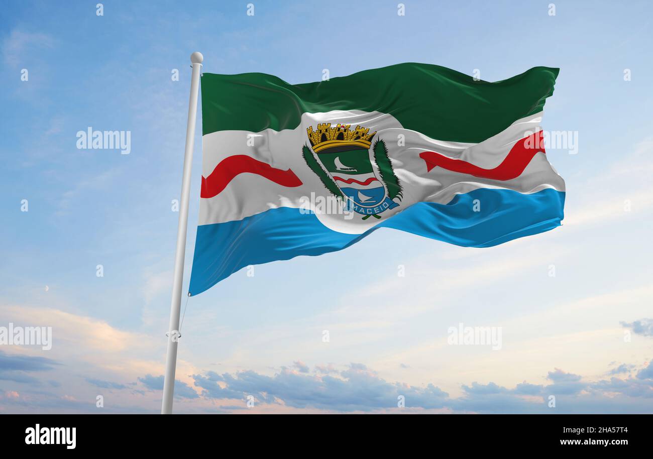 flag of Maceio , Brazil at cloudy sky background on sunset, panoramic view. Brazilian travel and patriot concept. copy space for wide banner. 3d illus Stock Photo