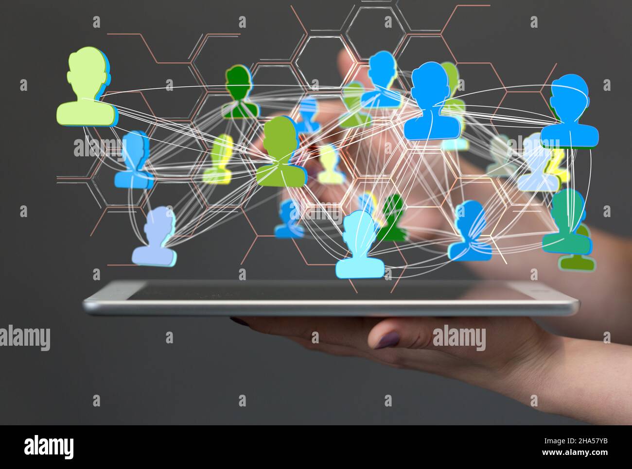 3D rendering hologram of a network of people projecting from a ...