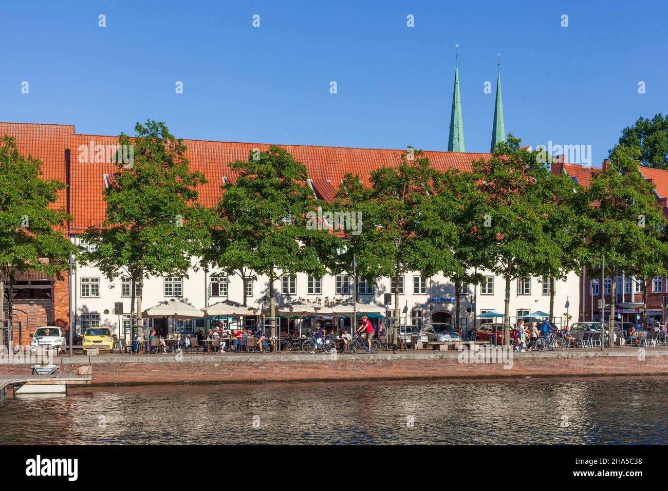 historic houses on the obertrave with luebeck cathedral,luebeck,schleswig-holstein,germany,europe Stock Photo