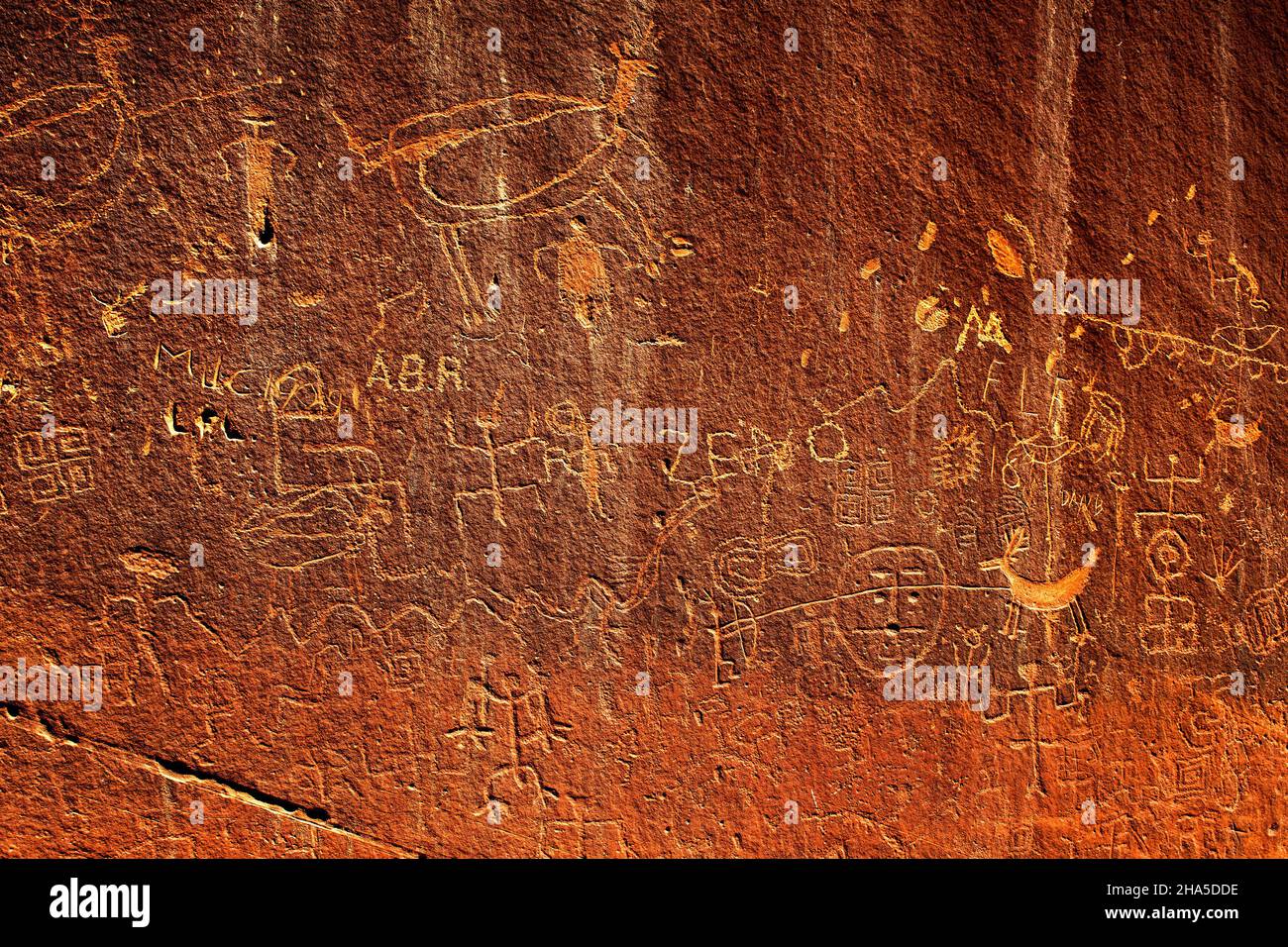 Petroglyphs carved into cliff wall on private property, Johnson Canyon, Kanab, Utah Stock Photo