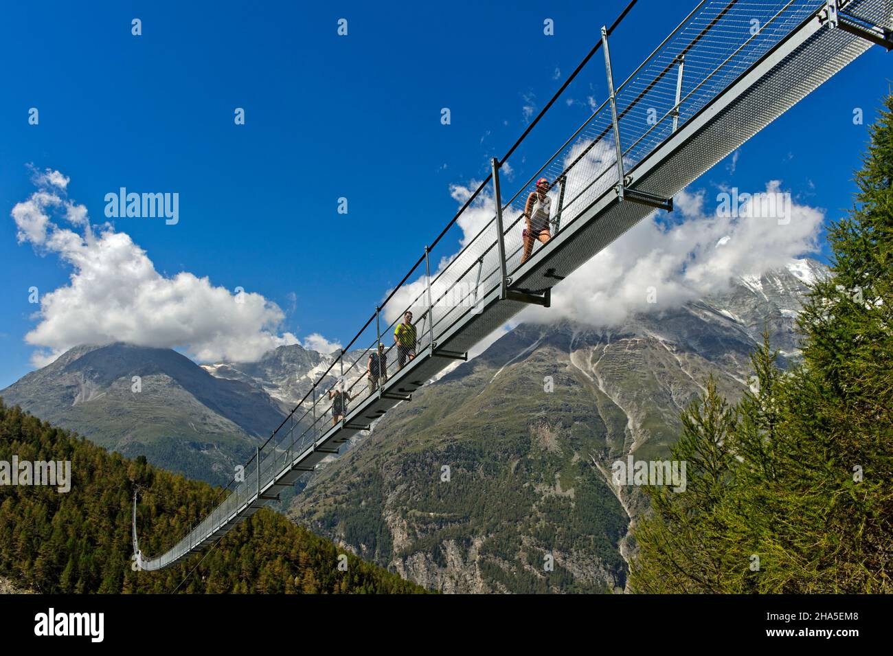 hikers cross the charles kuonen suspension bridge,the longest pedestrian suspension bridge in the alps,randa,valais,switzerland Stock Photo
