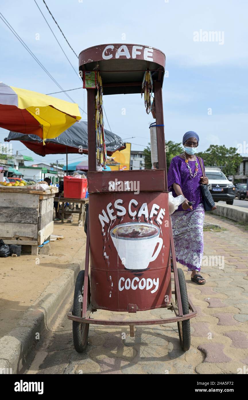 IVORY COAST, Abidjan, neighborhood Cocody, mobile Nescafe wagon / ELFENBEINKUESTE, Abidjan, Stadtteil Cocody, mobiler Nescafe Wagen, Nescafe ist ein Produkt von Nestle Stock Photo