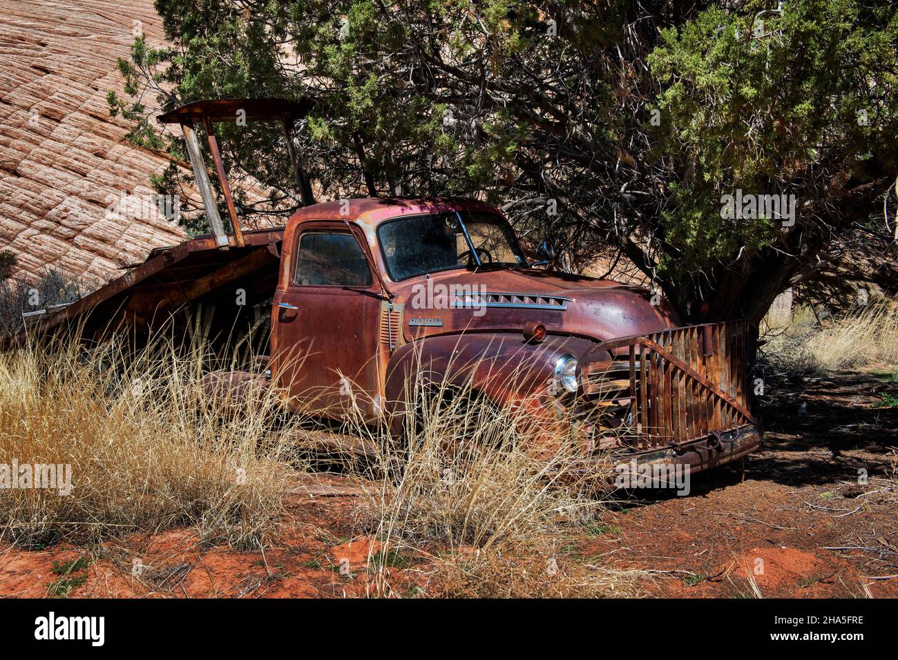 Vintage Rusty Chevrolet Truck, Johnson Canyon, Kanab, Utah Stock Photo