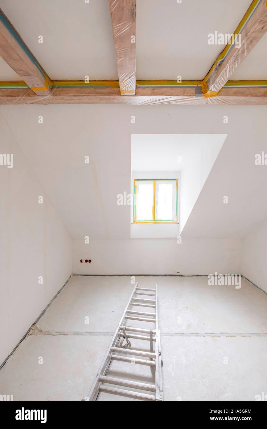 construction site,refurbishment and renovation of an apartment,empty room in the attic with dormer Stock Photo