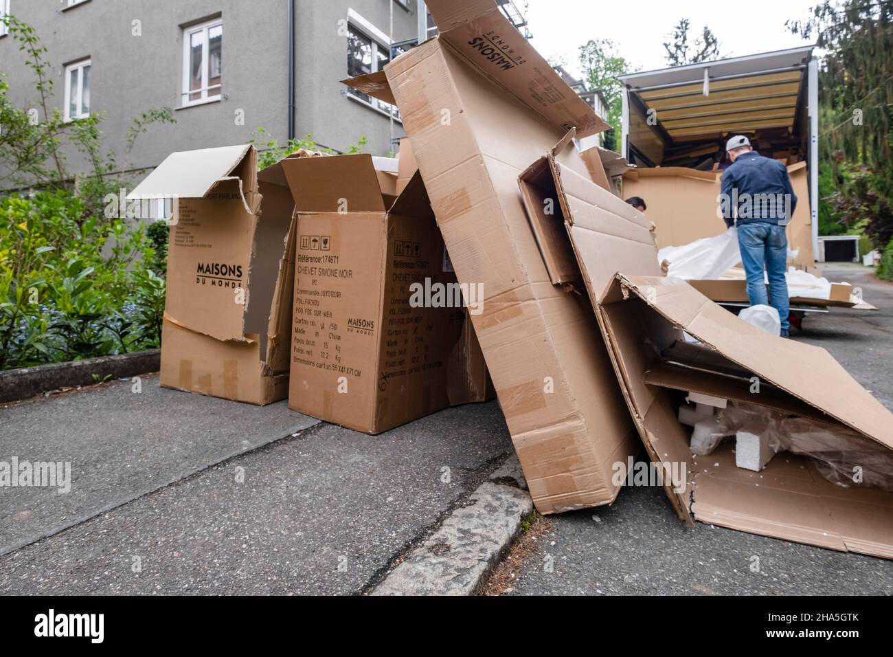 construction site,refurbishment and renovation of an apartment,packaging waste and cardboard for a moving truck Stock Photo