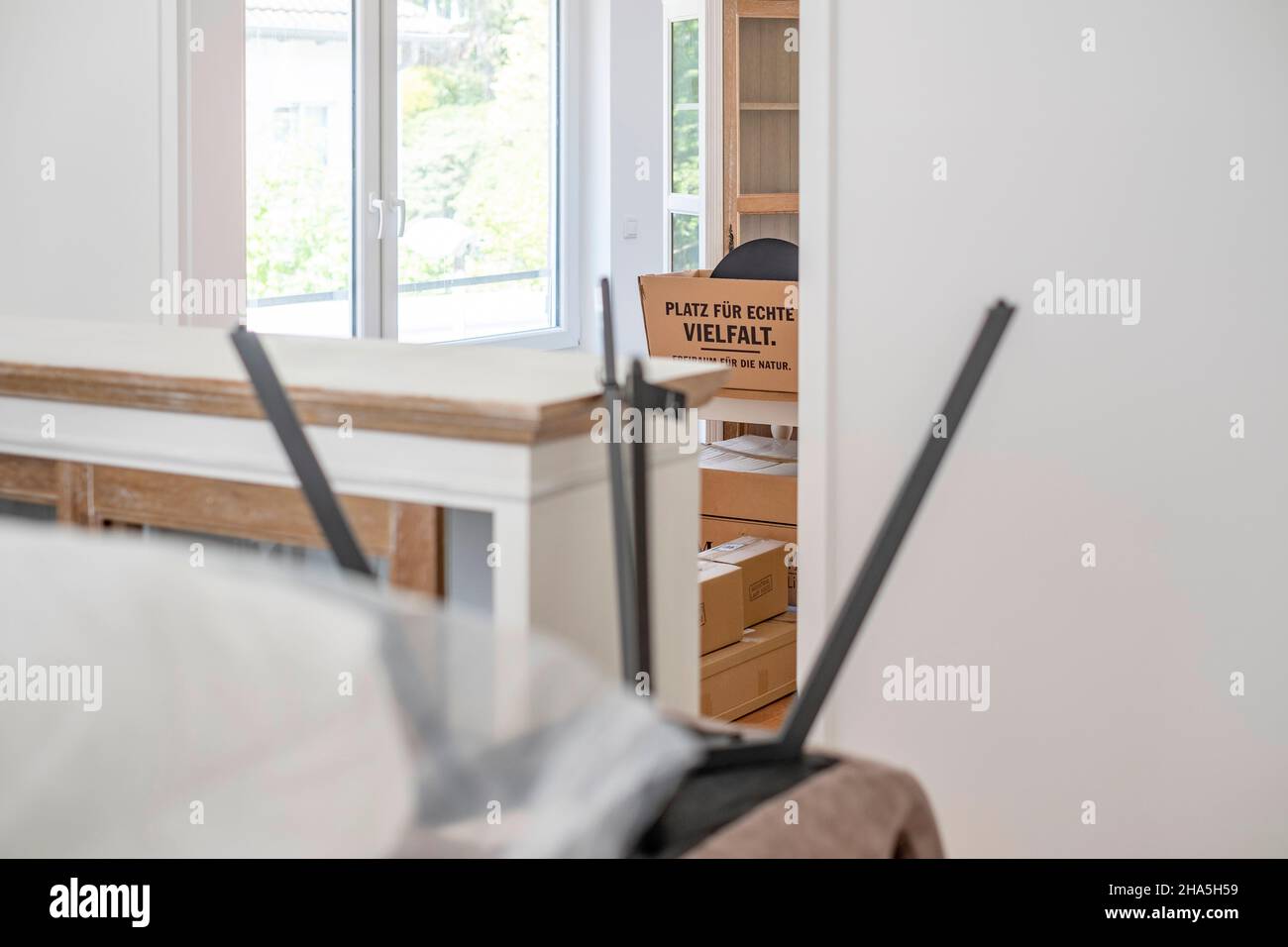 construction site,redevelopment and renovation of an apartment,abstract detail of furniture and moving boxes Stock Photo