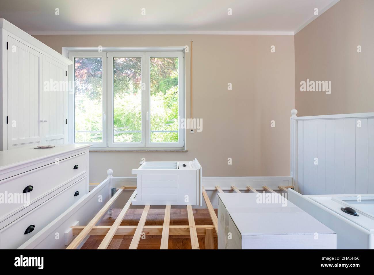 construction site,refurbishment and renovation of an apartment,furniture when moving into the bedroom Stock Photo