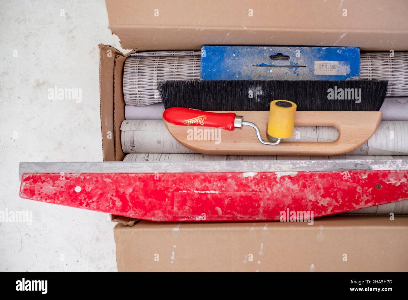construction site,redevelopment and renovation of an apartment,detail of tools for wallpapering Stock Photo