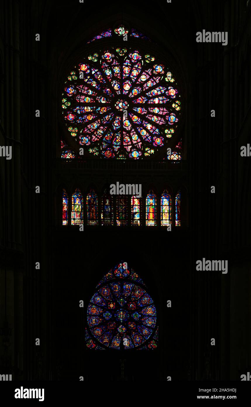 rose window,historical,colored glass window,west facade,notre-dame cathedral,unesco world heritage site,reims,champagne,france Stock Photo
