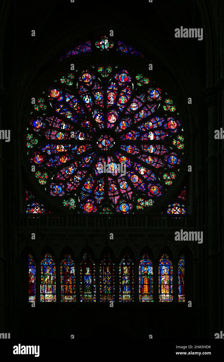 rose window,historical,colored glass window,west facade,notre-dame cathedral,unesco world heritage site,reims,champagne,france Stock Photo
