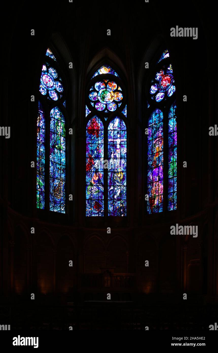 colored stained glass windows in the front choir,designed by marc chagall,notre dame cathedral,unesco world heritage site,reims,champagne,france Stock Photo