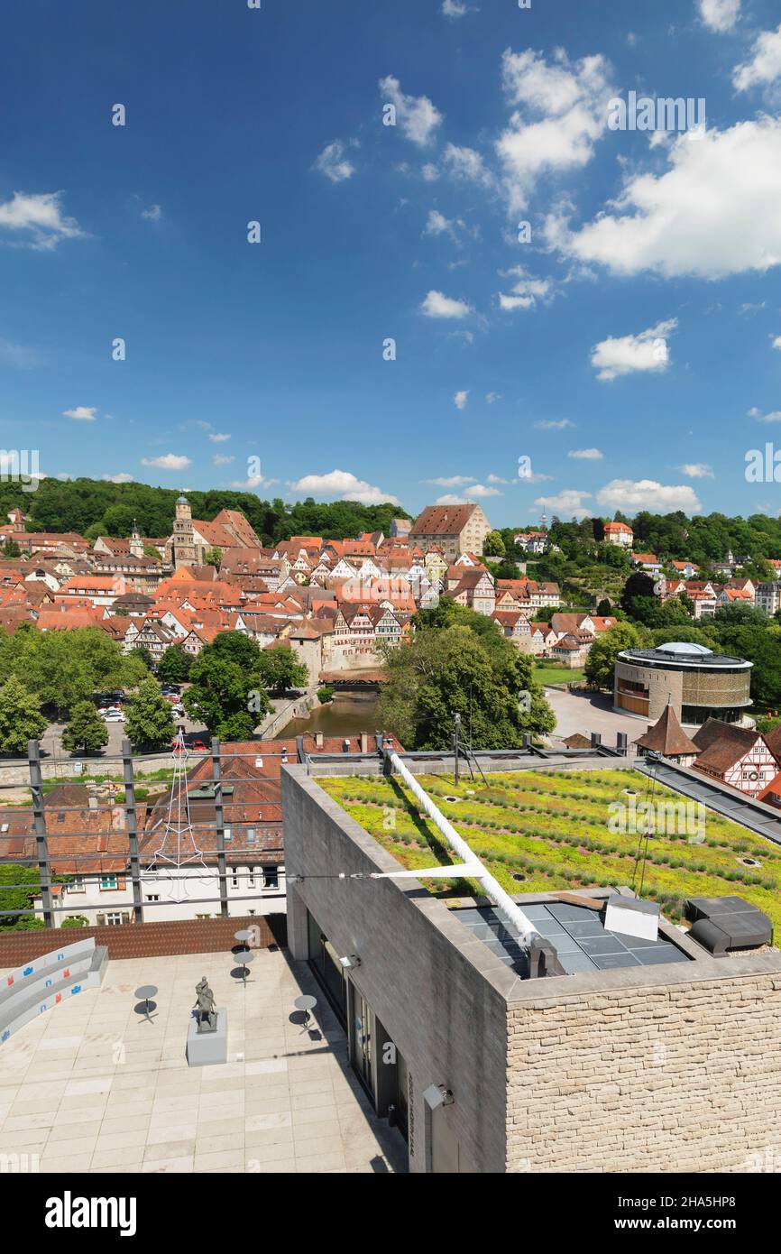 view over the museum würth to the old town with sankt michael church and the new globe theater,schwaebisch hall,hohenlohe,baden -wuerttemberg,germany Stock Photo