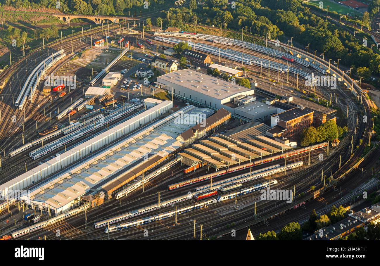 railway construction - rails - behind mediapark - captured via zeppelin in the early morning just after sunrise. agnes-viertel (agnes district),cologne,north rhine-westphalia,germany Stock Photo