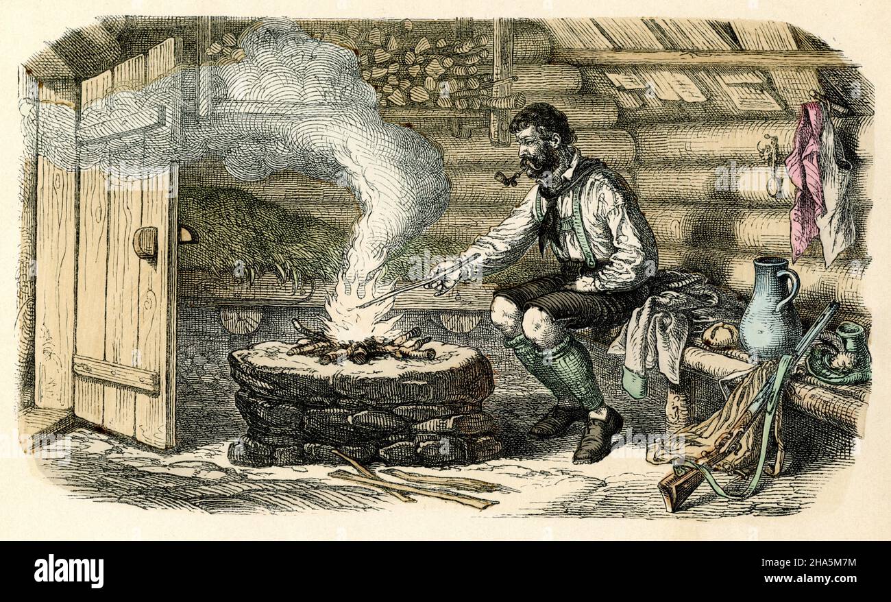 Hunting chamois in the Alps: hunter warming himself by fire in a mountain hut ,  (picture book, ca. 1910) Stock Photo