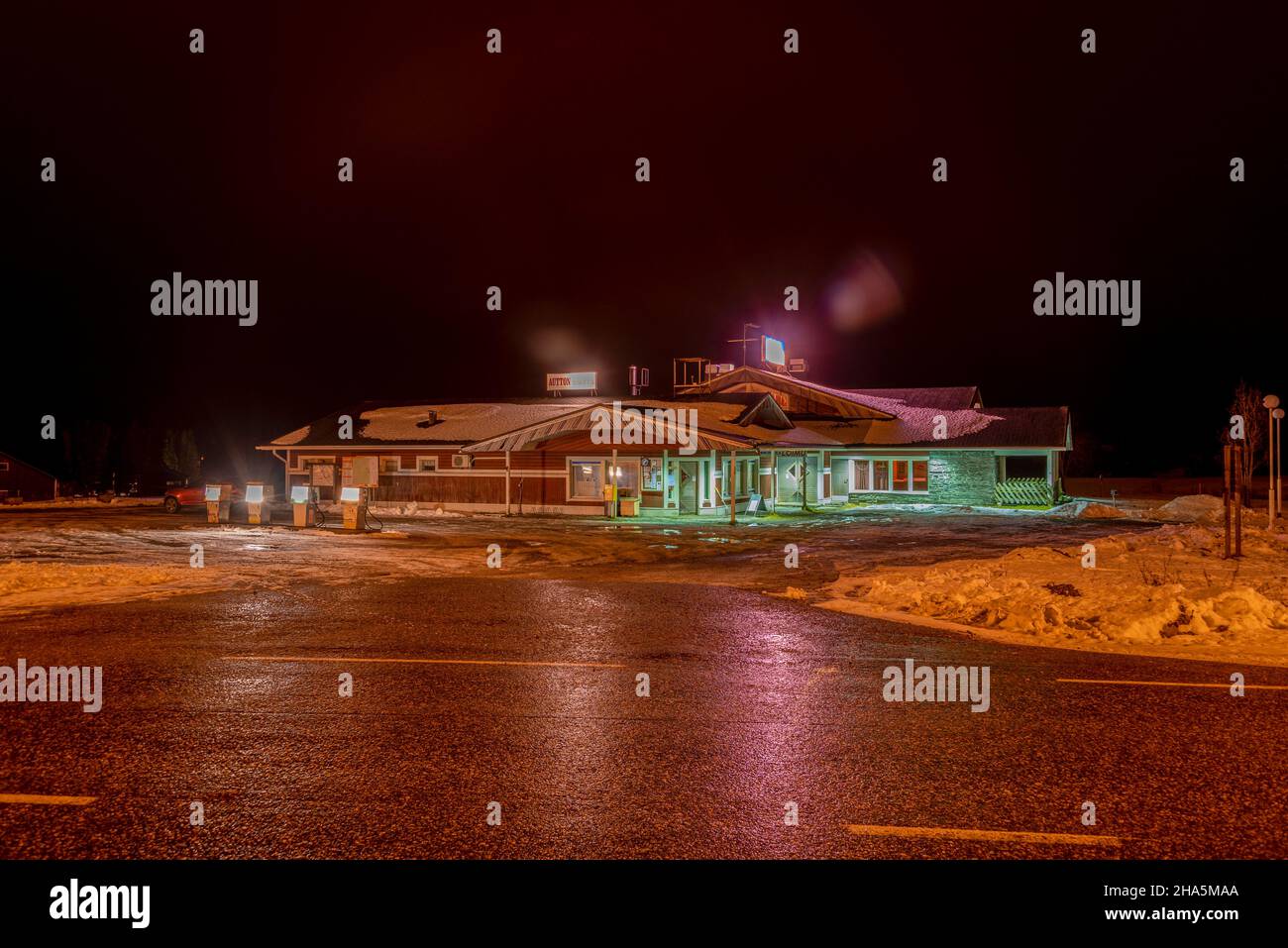 petrol station with restaurant and grocery store,location for the film master cheng in pohjanjoki,raattama,lapland,finland Stock Photo