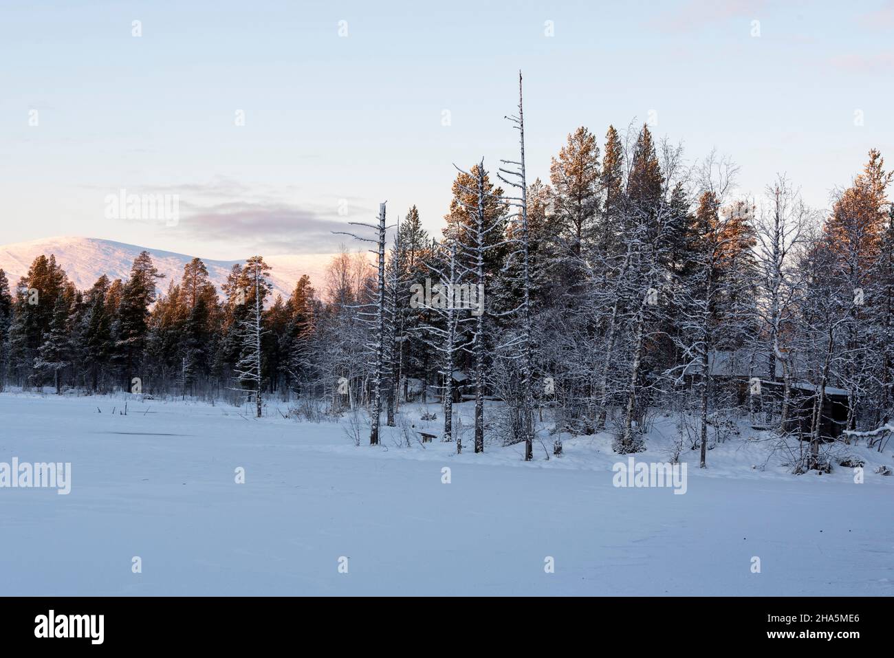 huts in the forest,snow-covered lake,behind the pallastunturi,yli-kyrö,lapland,finland Stock Photo